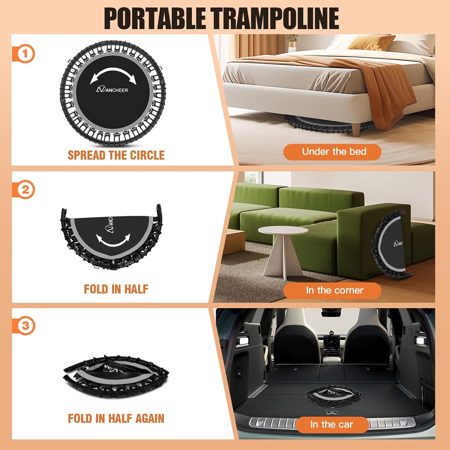 Foldable Rebounder Trampoline for Adults/Kids with Resistance Bands and Bungees, 40"/48" Indoor & Outdoor Mini Trampoline with Bar and Safety Padding