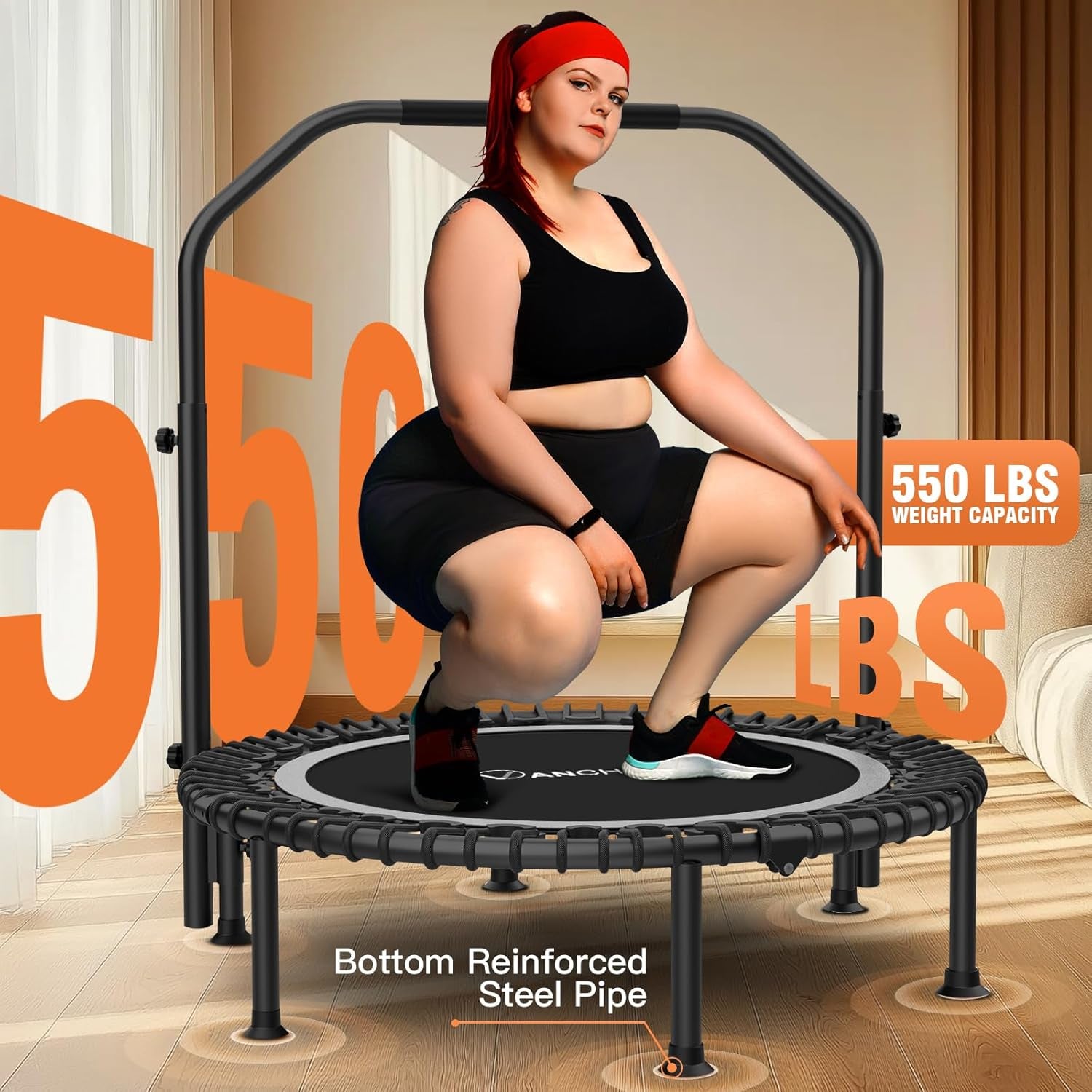 Foldable Rebounder Trampoline for Adults/Kids with Resistance Bands and Bungees, 40"/48" Indoor & Outdoor Mini Trampoline with Bar and Safety Padding