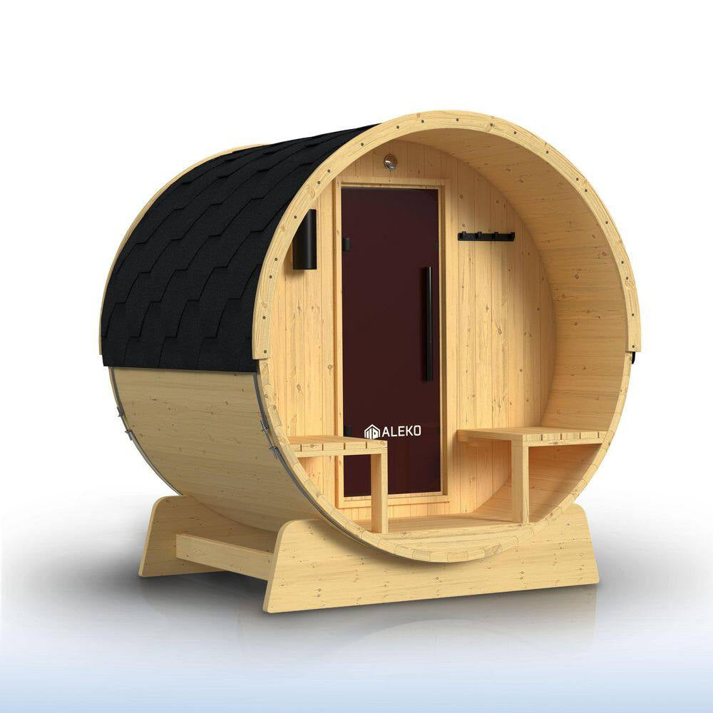 Outdoor Indoor Finland Pine Wet Dry Barrel Sauna 3-5 Person Front Porch Canopy 4.5 Kw ETL Certified Bitumen Shingle Roof