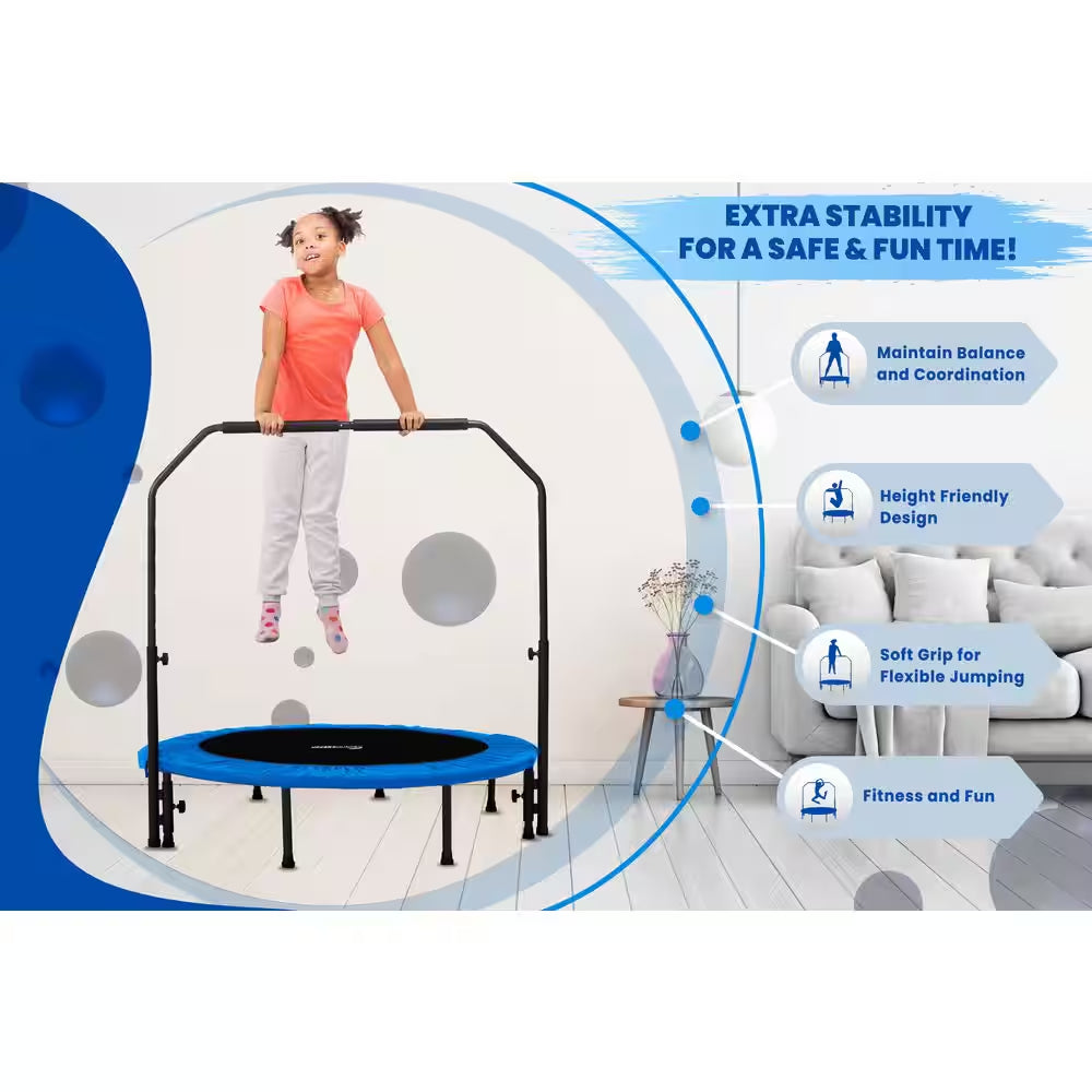 Machrus 40 In. Mini Trampoline with Adjustable Handbar - round Foldable Rebounder Fitness Trampoline
