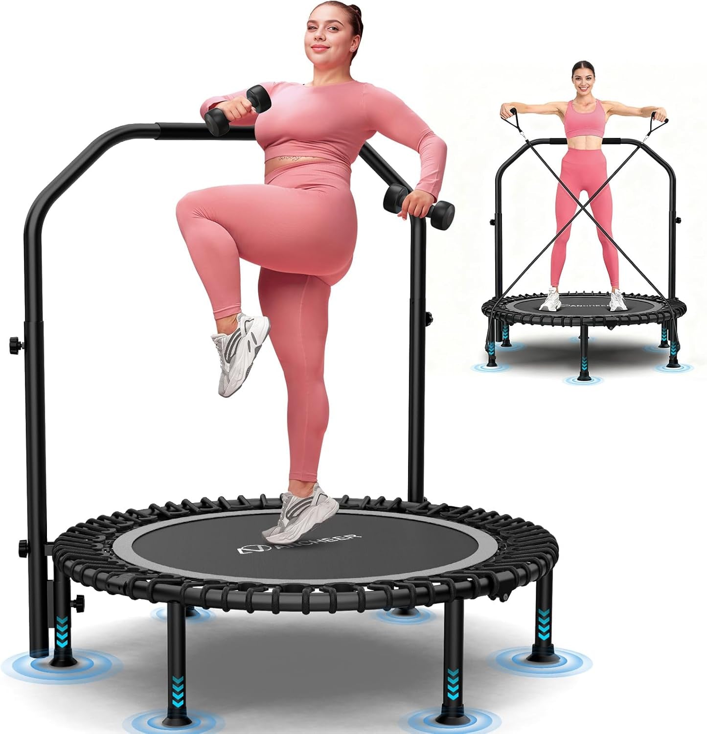 Foldable Rebounder Trampoline for Adults/Kids with Resistance Bands and Bungees, 40"/48" Indoor & Outdoor Mini Trampoline with Bar and Safety Padding