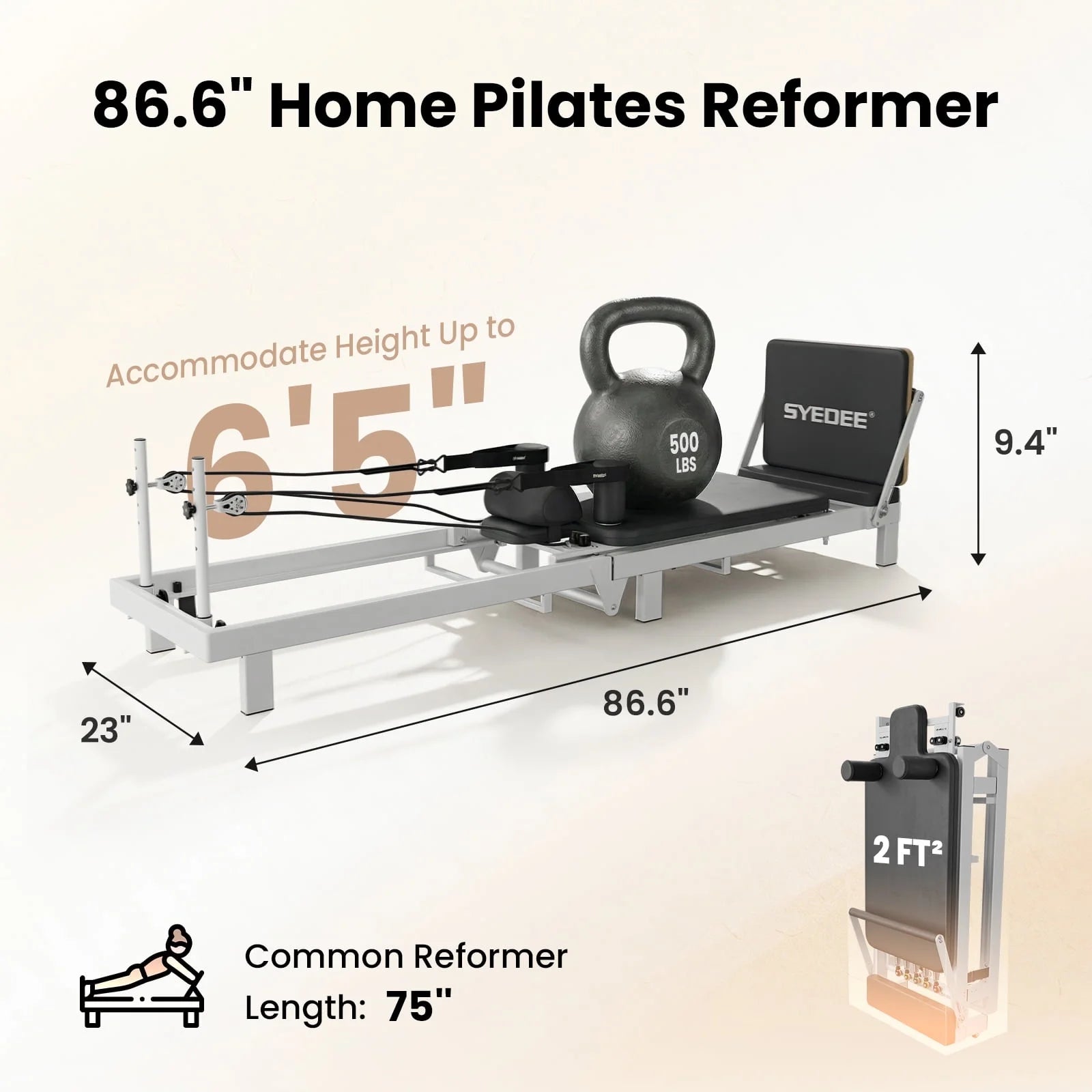 86.6” Foldable Pilates Equipment, Pilates Reformer Machine Suitable for Height over 5'7 '', Pilates Exercise Equipment with Jump Board for Home Gym, 110Lbs Resistance 5 Springs