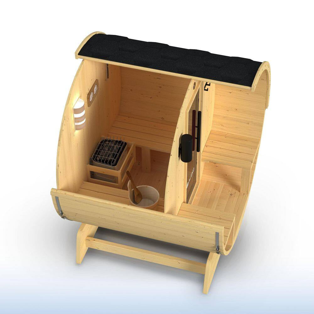 Outdoor Indoor Finland Pine Wet Dry Barrel Sauna 3-5 Person Front Porch Canopy 4.5 Kw ETL Certified Bitumen Shingle Roof