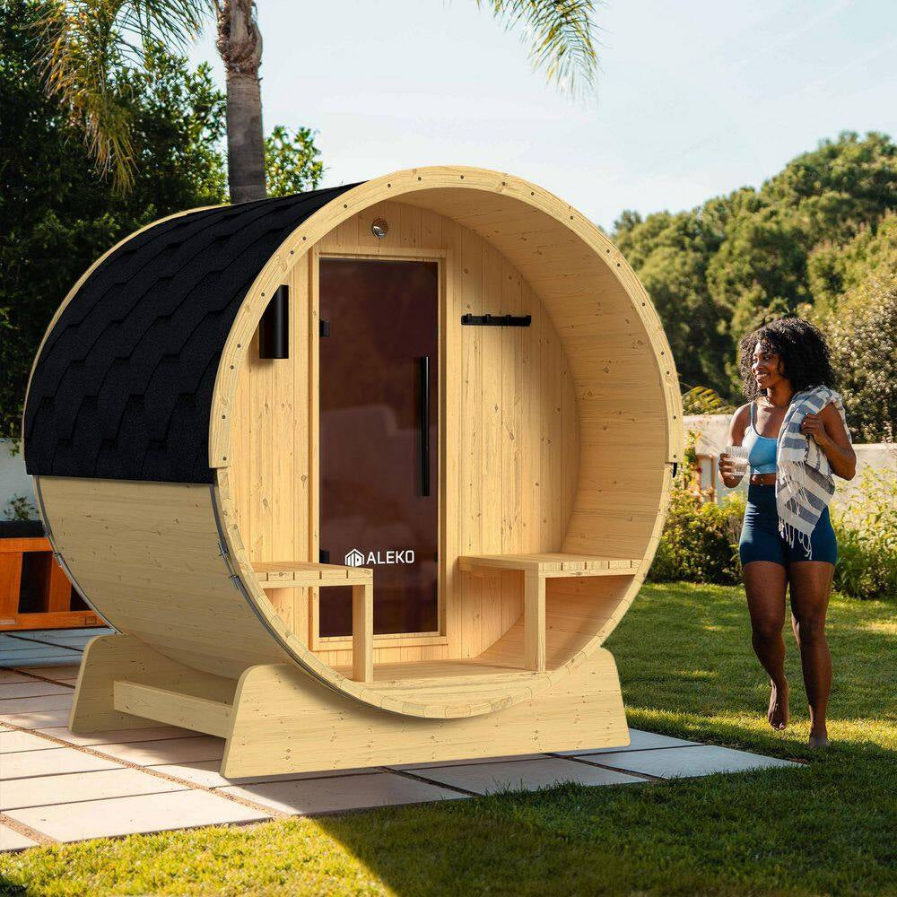 Outdoor Indoor Finland Pine Wet Dry Barrel Sauna 3-5 Person Front Porch Canopy 4.5 Kw ETL Certified Bitumen Shingle Roof