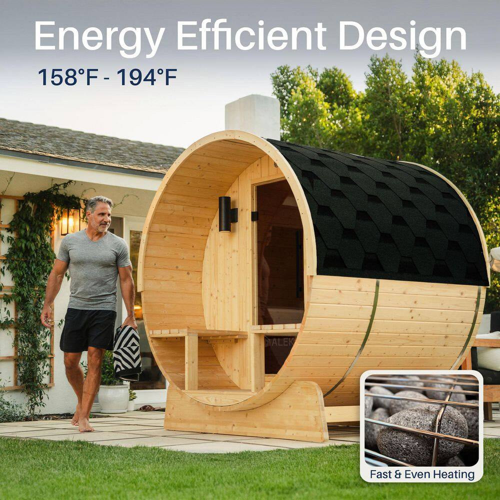 Outdoor Indoor Finland Pine Wet Dry Barrel Sauna 3-5 Person Front Porch Canopy 4.5 Kw ETL Certified Bitumen Shingle Roof
