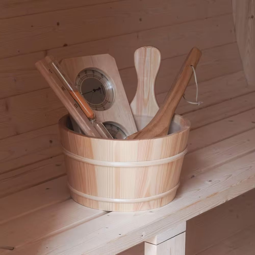 Outdoor Indoor Finland Pine Wet Dry Barrel Sauna 3-5 Person Front Porch Canopy 4.5 Kw ETL Certified Bitumen Shingle Roof