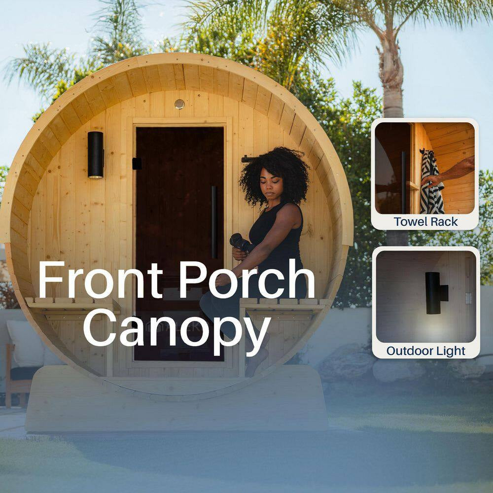 Outdoor Indoor Finland Pine Wet Dry Barrel Sauna 3-5 Person Front Porch Canopy 4.5 Kw ETL Certified Bitumen Shingle Roof
