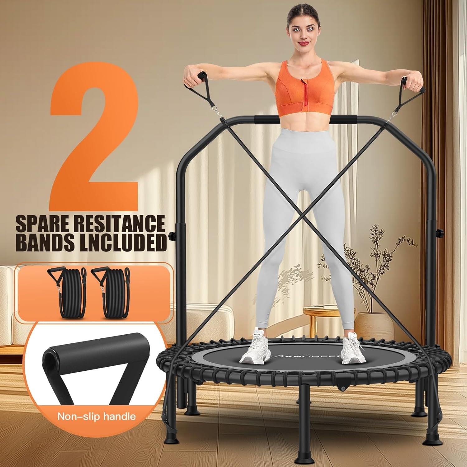 Foldable Rebounder Trampoline for Adults/Kids with Resistance Bands and Bungees, 40"/48" Indoor & Outdoor Mini Trampoline with Bar and Safety Padding