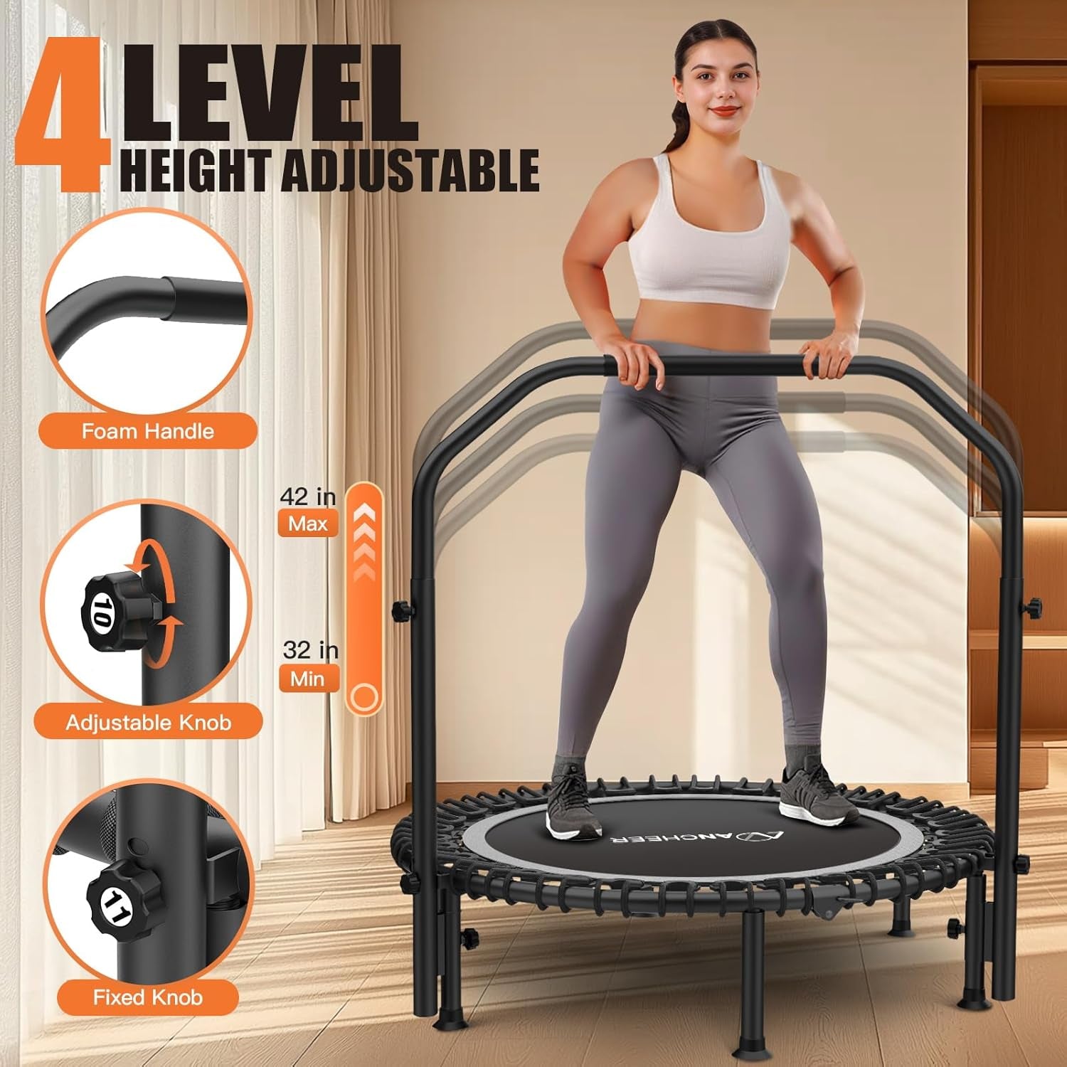 Foldable Rebounder Trampoline for Adults/Kids with Resistance Bands and Bungees, 40"/48" Indoor & Outdoor Mini Trampoline with Bar and Safety Padding
