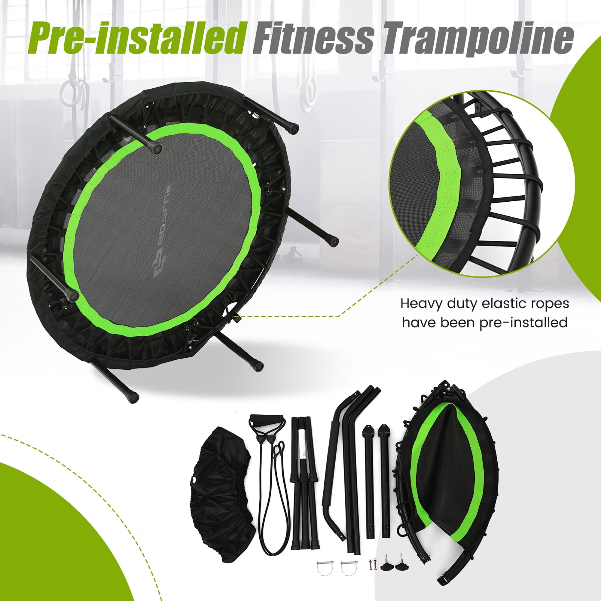 40'' Foldable Trampoline Fitness Rebounder with Resistance Bands Adjustable Home Green