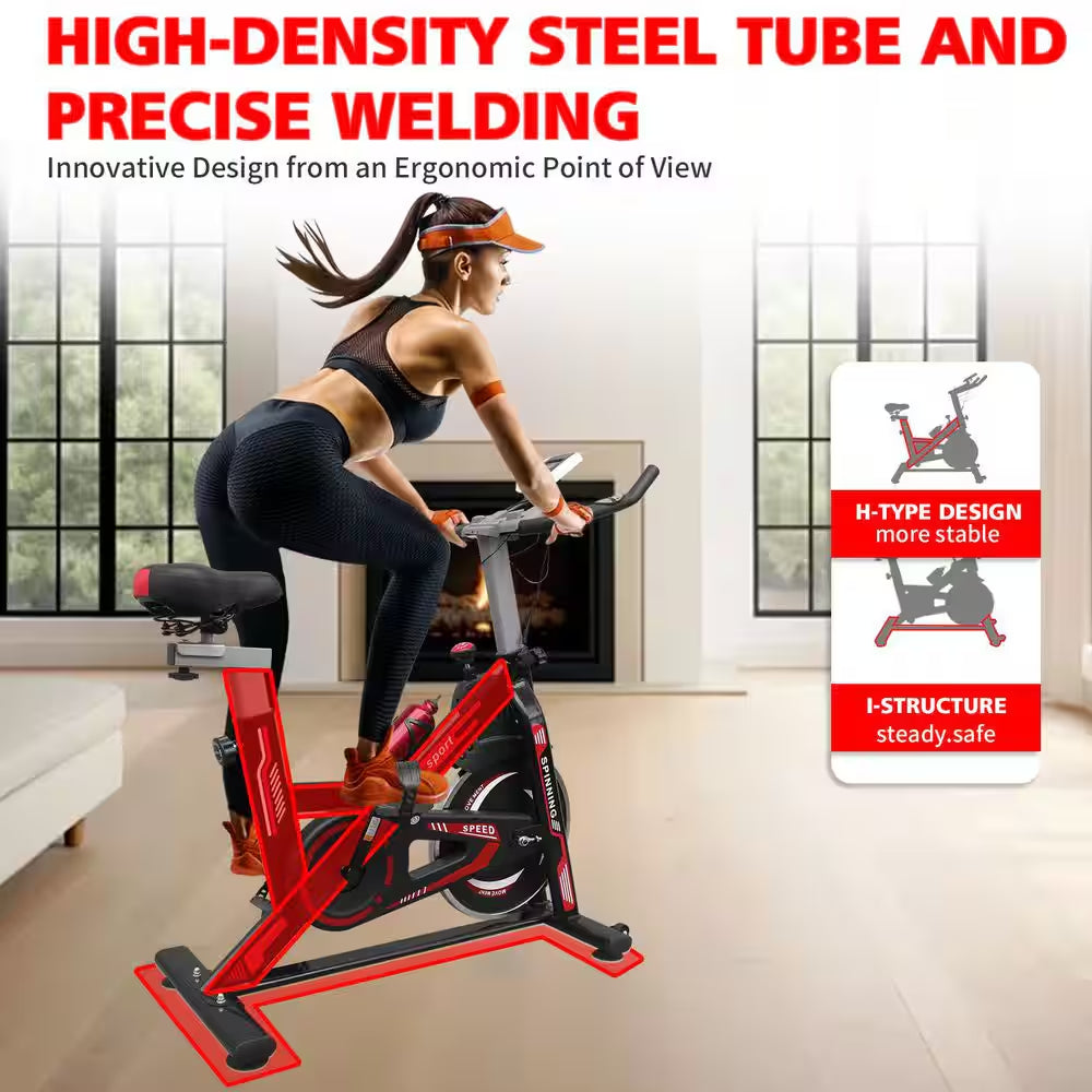 Black Red Steel Exercise Bike Cycling Bike with Comfortable Seat Cushion and LCD Display
